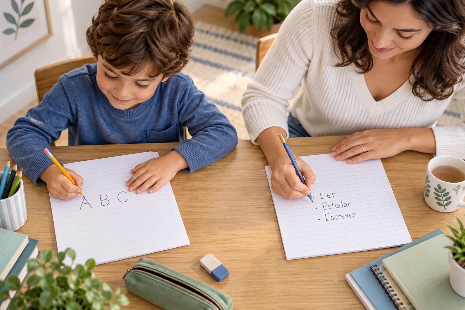 Atividade infantil e lista de tarefas como exemplos de treino de escrita para diferentes idades
