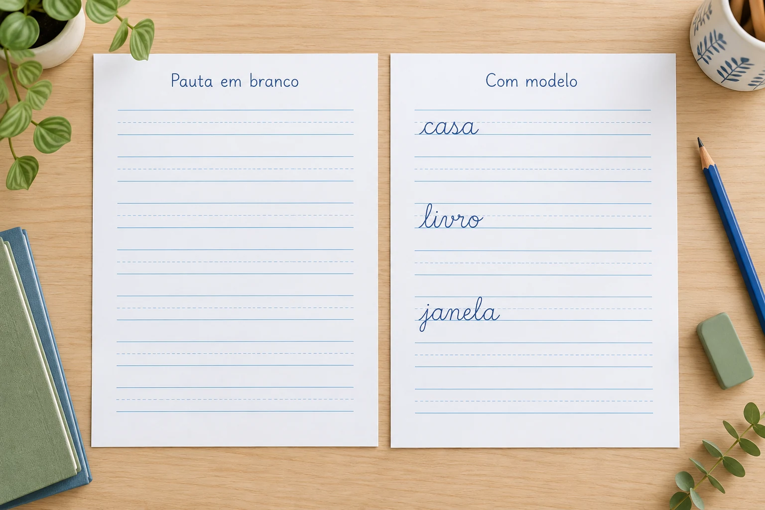 Comparação entre folha de caligrafia em branco e folha com modelo para copiar